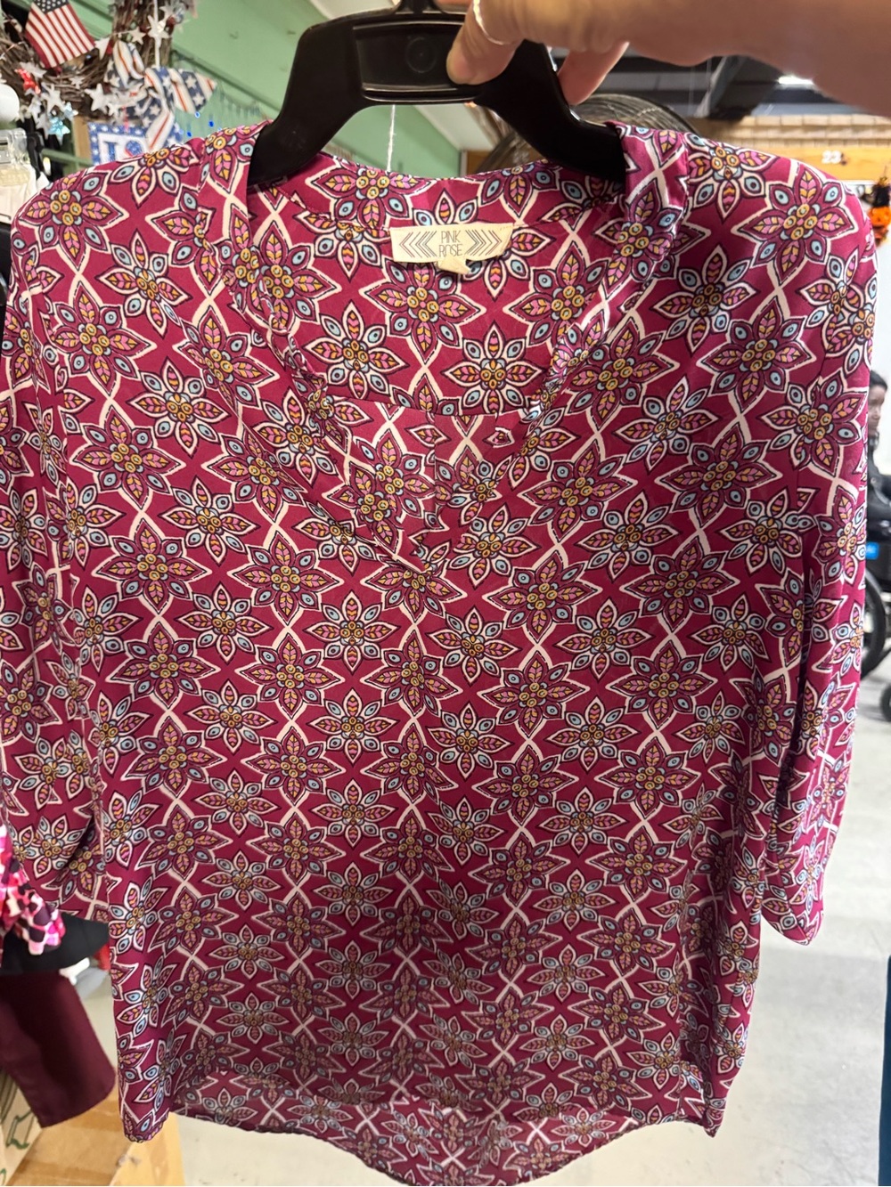 Pink Rose Magenta Geometric Floral V-Neck Blouse